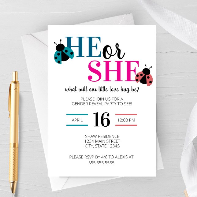 Love Bug Spring Geschlechtsenthüllungsfeier Einladung (He or She What Will Our Little Love Bug Be Spring or Summer Gender Reveal Party Invitation)