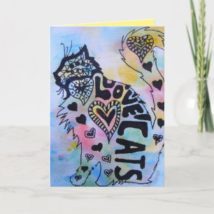 Love Cats Kitty Aquarelle et Encre Carte d'anniver