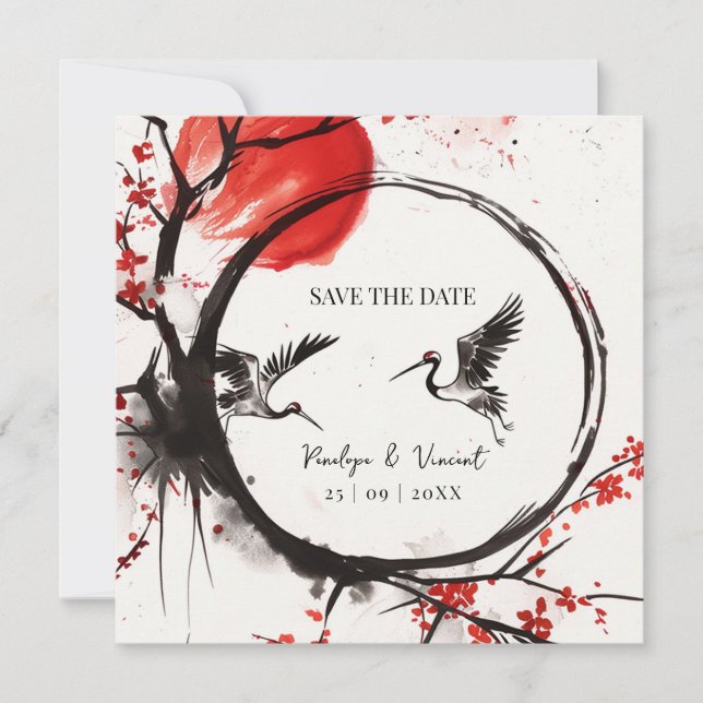 Love Cranes and Cherry Blossom Save the Date (Vorderseite)