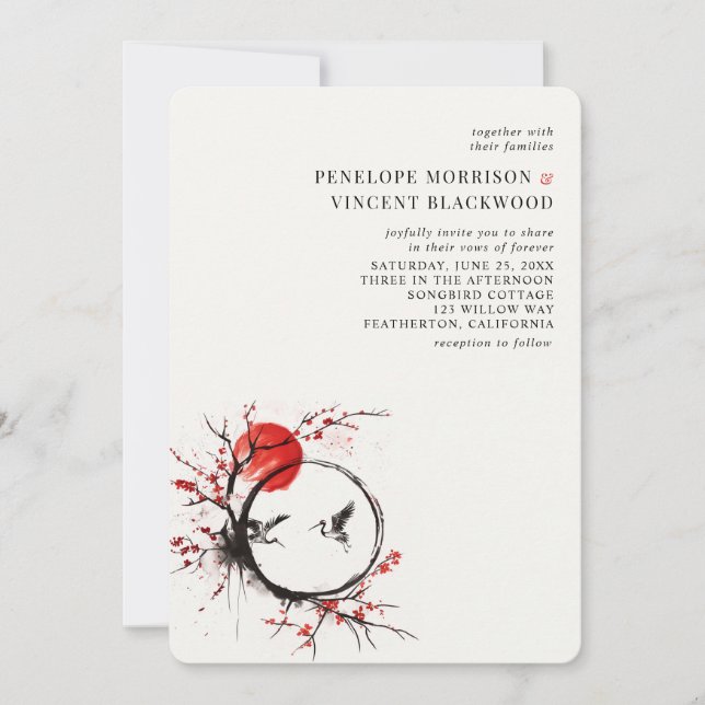 Love Cranes and Cherry Blossom Wedding Invitation Einladung (Vorderseite)