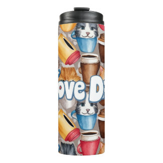 "Love Dad" Playful Cats and Coffee Pattern Thermosbecher