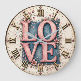 LOVE Floral Romantic Pink Flower Große Wanduhr