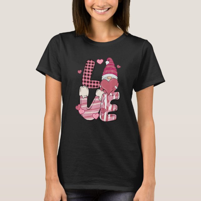 Love Gnome Holding Heart Buffalo Plaid Happy Valen T-Shirt (Vorderseite)