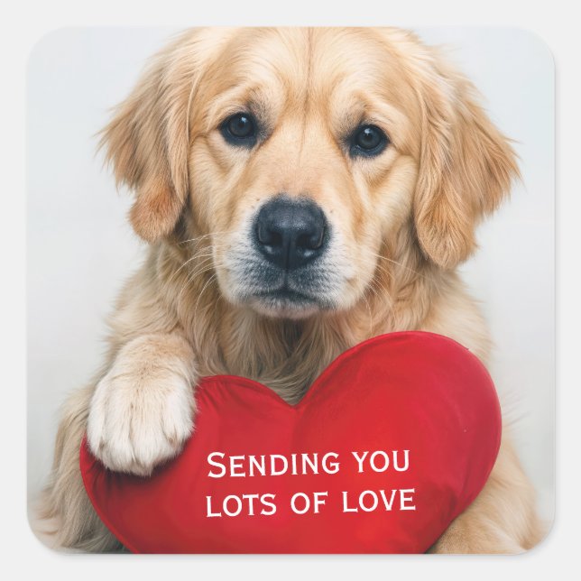 Love Golden Retriever With a Red Heart Pillow Quadratischer Aufkleber (Vorderseite)