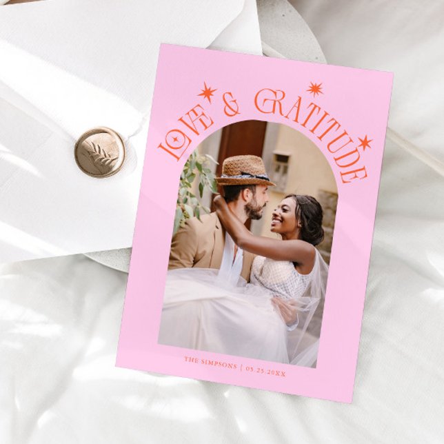 Love & Gratitude Minimal Wedding Photo Orange Pink Dankeskarte (Von Creator hochgeladen)