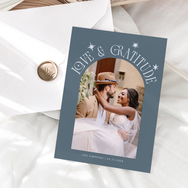 Love & Gratitude Minimal Wedding Photo Slate Blue Dankeskarte (Von Creator hochgeladen)