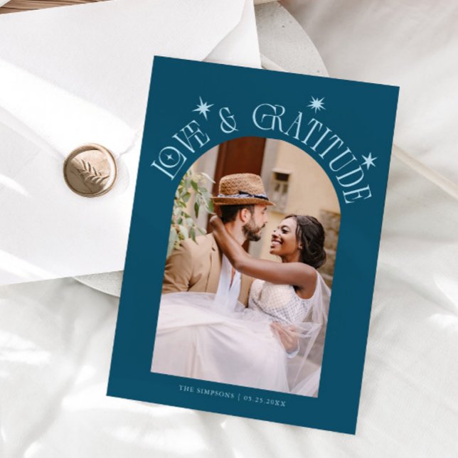 Love & Gratitude Minimalist Wedding Photo Teal Dankeskarte (Von Creator hochgeladen)