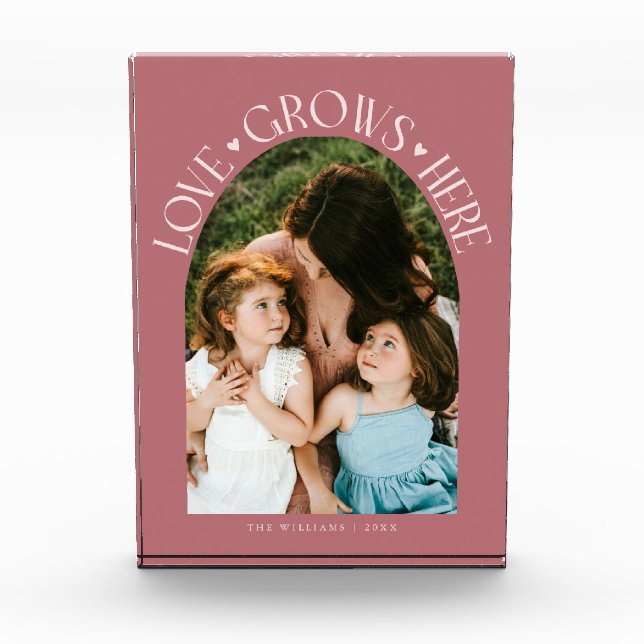 Love Grows Here Moderne Bogenform Rosa Fotoblock (Vorderseite)