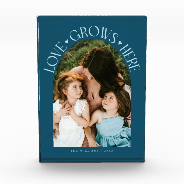 Love Grows Here Moderne Teal-Bogenform Fotoblock (Vorderseite)