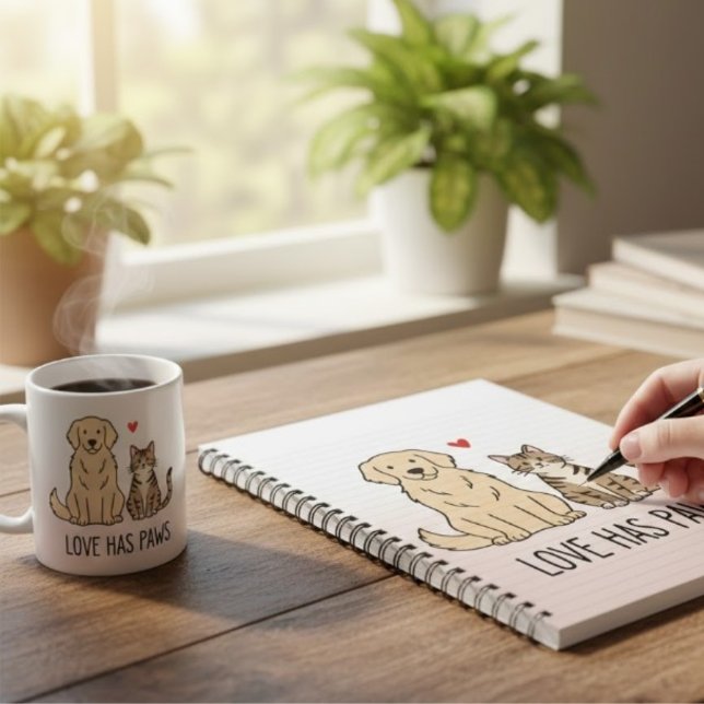 Love Has Paws | Cute Minimalist Dog and Cat Illust Notizblock (Von Creator hochgeladen)