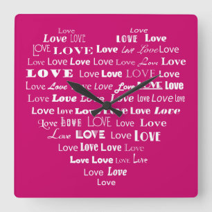 Love Heart Word Cloud - White on Fuchsia Pink Quadratische Wanduhr