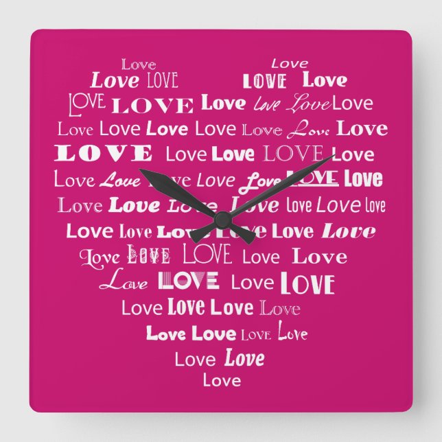 Love Heart Word Cloud - White on Fuchsia Pink Quadratische Wanduhr (Vorderseite)