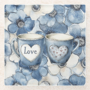 Love Hearts Tassen Blue Jean Denim Floral Glasuntersetzer