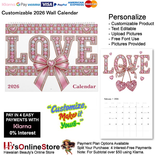 Love & Hearts Theme 12 Month 2026 Wall Kalender (Love & Hearts Theme 12 Month 2026 Wall Calendar.)