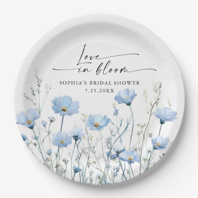 Love In Bloom Blue Bridal Shower Paper Plates Pappteller (Vorderseite)