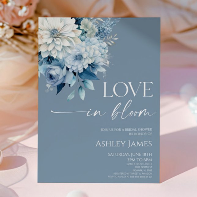 Love In Bloom Dusty Blue Floral Bridal Shower Einladung (Von Creator hochgeladen)