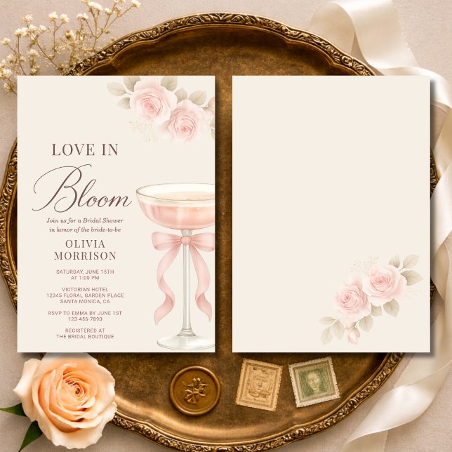 Love in Bloom Pink Champagne Bow Bridal Shower Einladung (Von Creator hochgeladen)