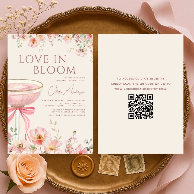 Love in Bloom QR Code Champagne Bow Bridal Shower Einladung (Von Creator hochgeladen)