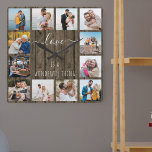 Love is a Wonderful Thing Quote 12 Photo Wood Quadratische Wanduhr<br><div class="desc">Photo clock with happy quote and 12 of your favorite pictures of family and friends. The photo template is set up for you to create your own grid style photo collage to frame the quote reads "love is a wonderful thing". The design is lettered in elegant handwritten script and skinny...</div>