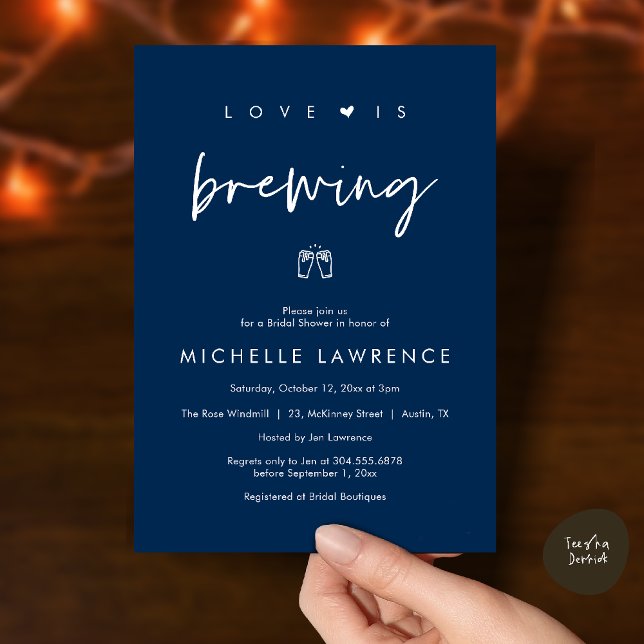 Love is brewing, Beer Party,  Bridal Shower Einladung (Love is brewing, Beer Party, Bridal Shower Invites card, booze love laughter, in navy blue)