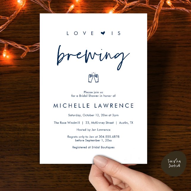 Love is brewing, Beer Party,  Bridal Shower Einladung (Love is brewing, Beer Party, Bridal Shower Invites card, booze love laughter, in navy blue)