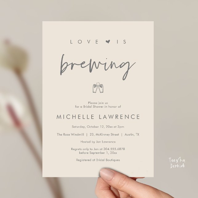 Love is brewing, Beer Party,  Bridal Shower Einladung (Love is brewing, Beer Party, Bridal Shower Invites card, booze love laughter, in cream grey)