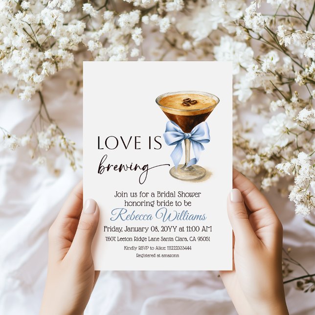 Love is Brewing Blue Coquette Bow Bridal Shower Einladung (Von Creator hochgeladen)
