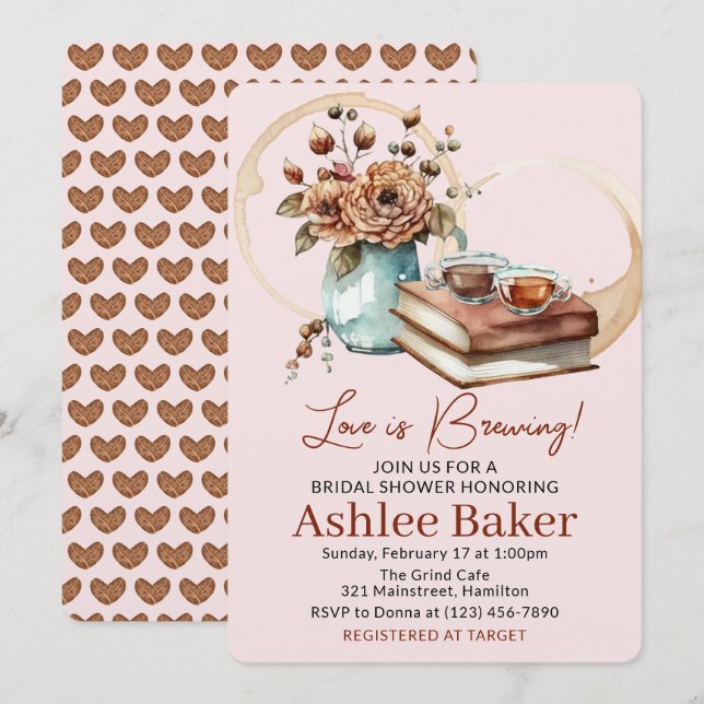 Love is Brewing Coffee Cup and Books Bridal Shower Einladung (Vorne/Hinten)