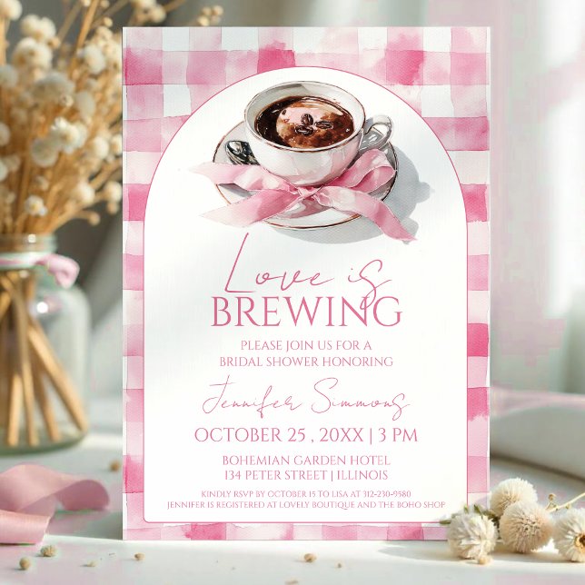 Love Is Brewing Coffee Pink Bow Bridal Shower Einladung (Von Creator hochgeladen)