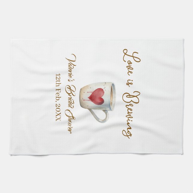 Love is Brewing white coffee mug heart bridal show Geschirrtuch (Horizontal)