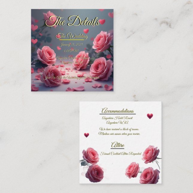 Love is in Bloom Details Pink Roses Wedding Invite Begleitkarte (Vorne/Hinten)