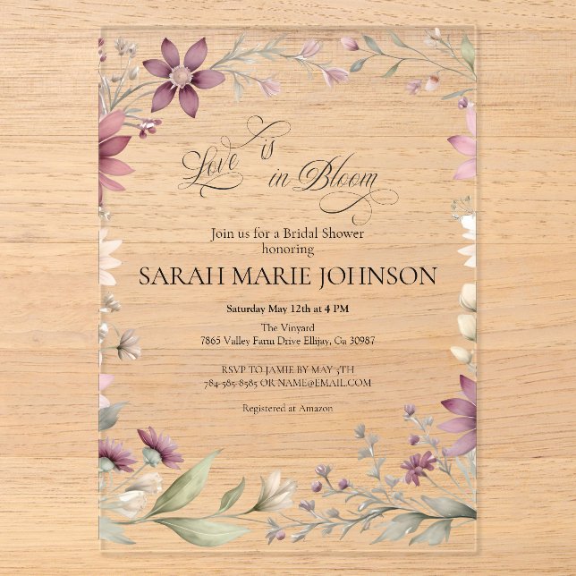 Love is in Bloom Spring Floral Bridal Shower Acryleinladungen (Vorderseite)