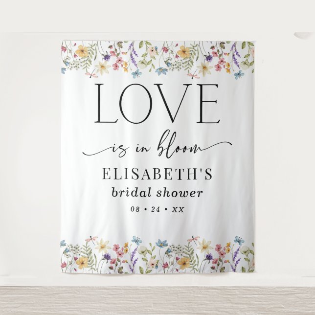 Love Is in Bloom White Bridal Shower Backdrop Wandteppich (Vorderseite)