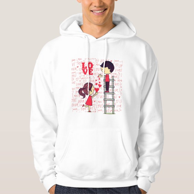 “Love Is Reaching Each Other – Cute Cartoon Valent Hoodie (Vorderseite)