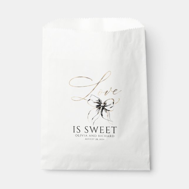 Love is Sweet Black Bow Gold Script Thank You Geschenktütchen (Vorderseite)