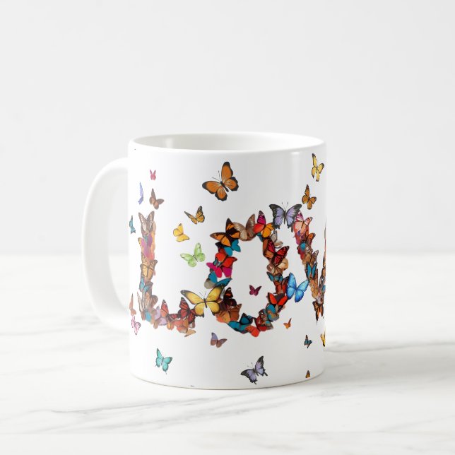 LOVE Joy Butterflies | Inspirational Motivational Kaffeetasse (Vorderseite Links)