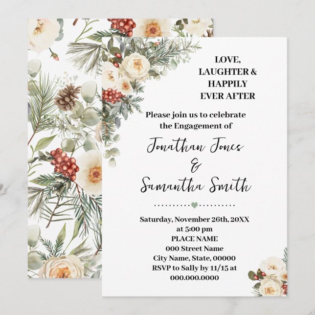 Love Laughter Happily Engagement Winter Floral Einladung (Vorne/Hinten)