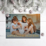 Love Light Latkes Hanukkah Photo Folien Feiertagskarte<br><div class="desc">Love Light Latkes in retro serif type over full bleed photo; also available in flat ink</div>