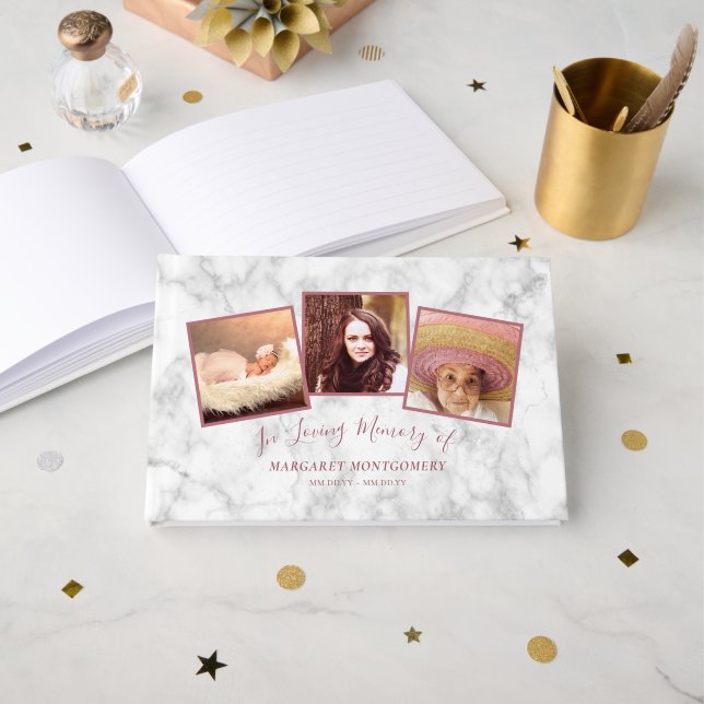 Love Memory Rose Gold Rosa Marmorfoto Collage Gästebuch (Vorderseite Offen)
