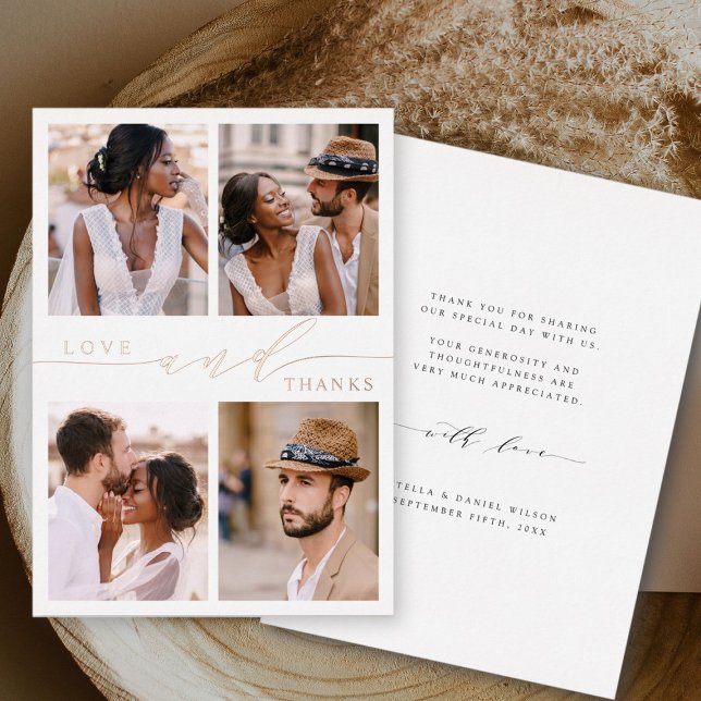 Love & Merci Rose Gold Foil Photo Carte de remerci (Front & Back)