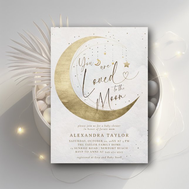 Love Moon Stars Gold White Neutral Baby Dusche Einladung (loved to the moon baby shower invitation moon stars watercolor cute coed elegant neutral)