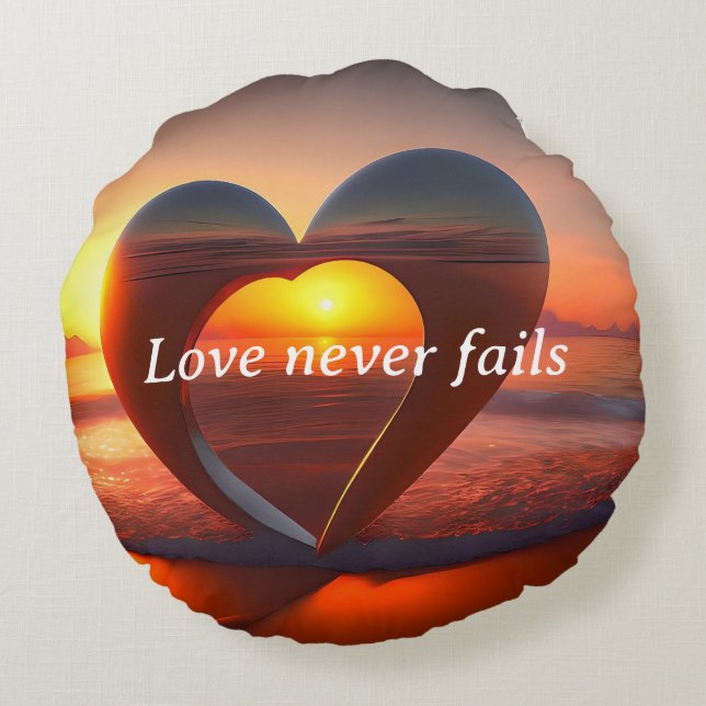 Love Never Fails Round Coussin Heart Beach Sunset (Dos)