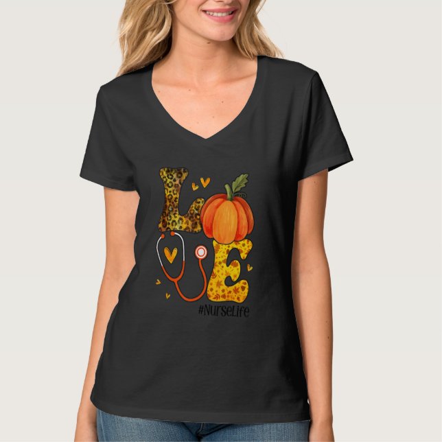 Love Nurse Life Fall Nurse Leopard Plaid Thanksgiv T-Shirt (Vorderseite)
