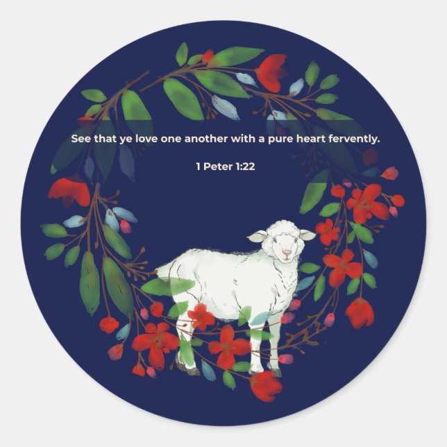Love One Another | Lamb & Floral Round Sticker (Vorderseite)