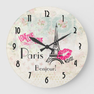 Love Paris with Eiffel Tower on Vintage Große Wanduhr