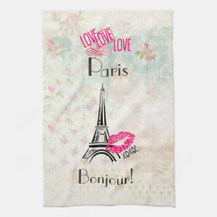 Love Paris with Eiffel Tower on Vintage Küchentuch