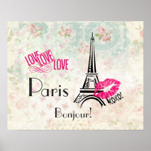 Love Paris with Eiffel Tower on Vintage Poster