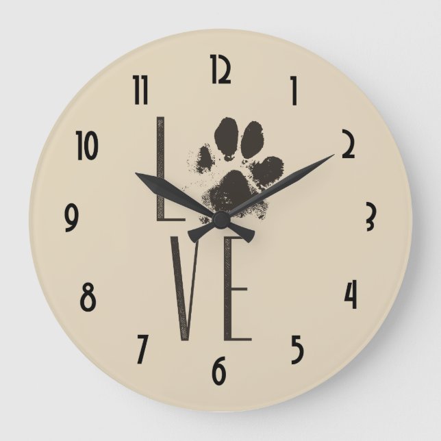Love Pet Paw Print Brown Grunge Typography Große Wanduhr (Vorderseite)