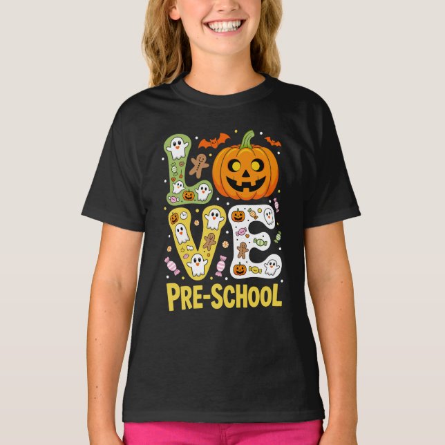 Love Preschool Halloween Teacher Ghost Pumpkin T-Shirt (Vorderseite)