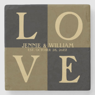 LOVE Quadrate Schwarze und Goldene Hochzeitsdatum Steinuntersetzer